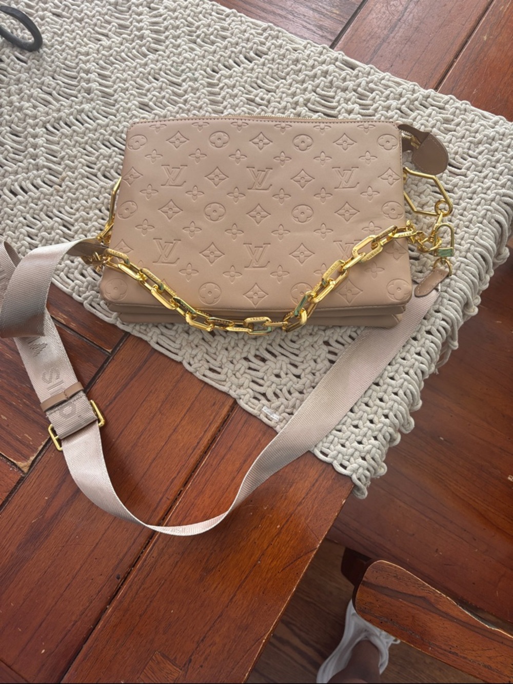 Beige Embossed Crossbody with Gold Chain